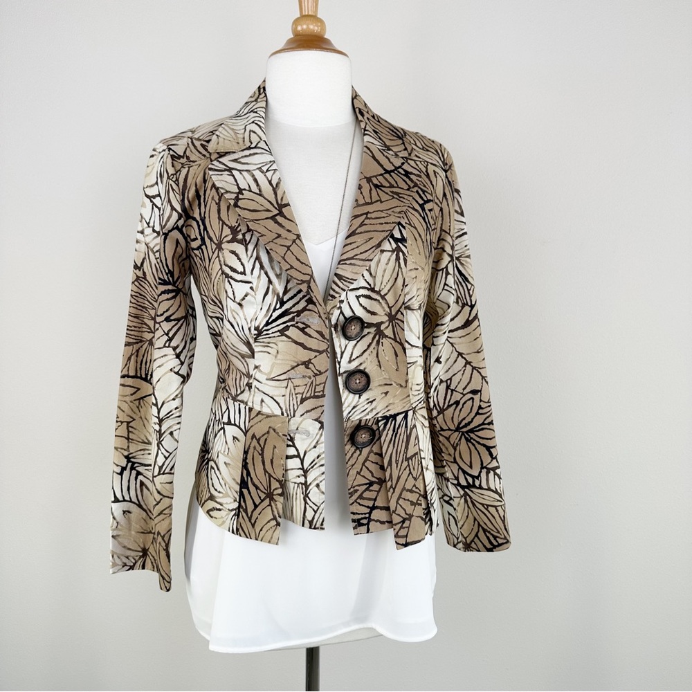 Coldwater Creek Tropical Print Brown Cream Blazer Jacket Size 10 Petite